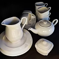 White Dinnerware Set with Pitchers Cups Plates Bowls and Glassware Displayed on Kitchen Shelves