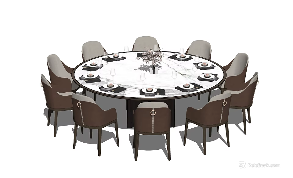 Round Dining Table Set With Eight Chairs Marble Top Tableware And Flower Vase 3d model