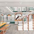 Modern Specialty Store Interior With Green Shelves Display Counters And Hanging Signs
