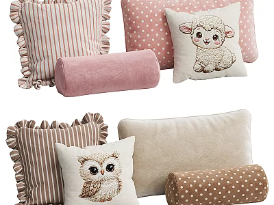 Cute Animal Print Pillows With Striped Polka Dot Patterns And Ruffled Edges 3d model