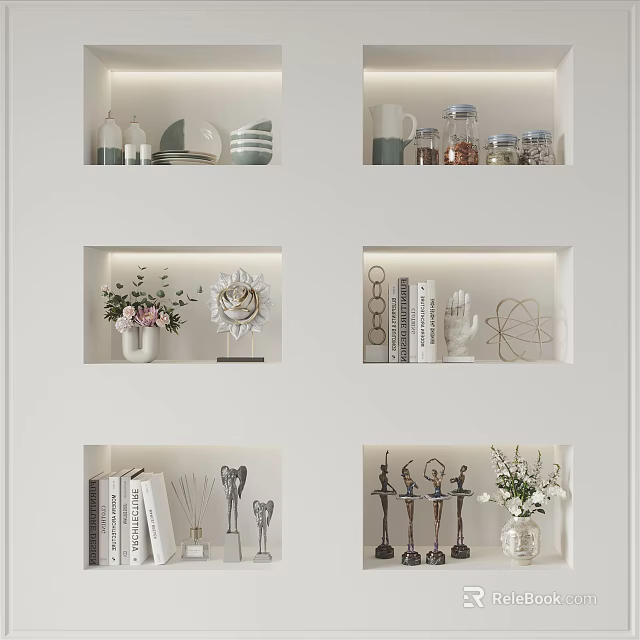 Decorative Ornament Combinations on White Display Shelves with Vases Sculptures Books and Warm Lighting 3d model 