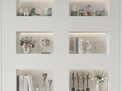 Decorative Ornament Combinations on White Display Shelves with Vases Sculptures Books and Warm Lighting 3d model