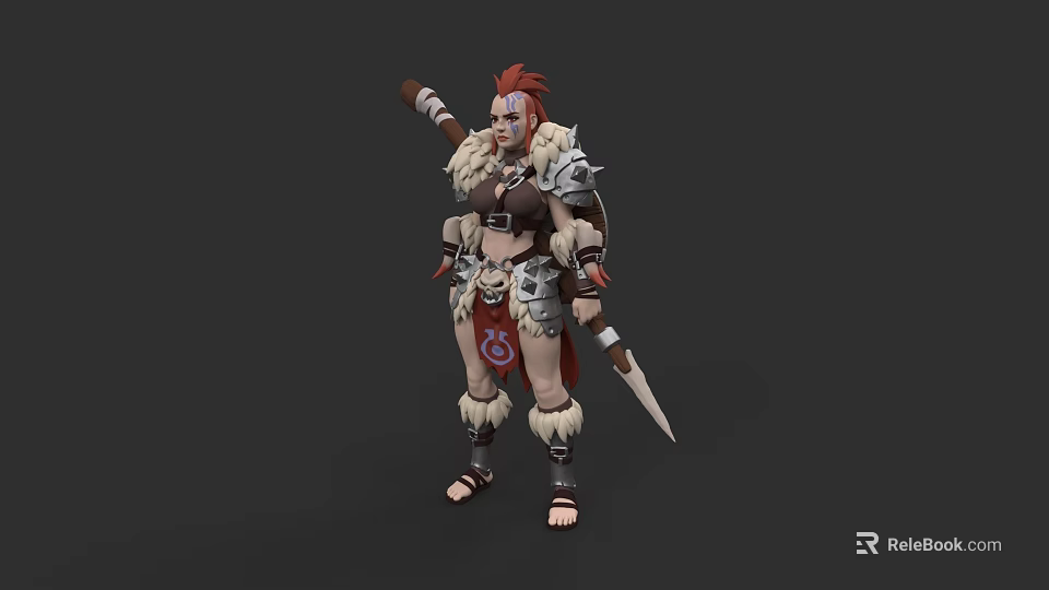 Woman With Red Hair In Fur And Metal Armor Holding Spear Tribal Warrior Character Design 3d model