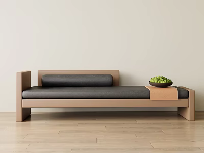 Two-seater Sofa With Wooden Frame Gray Cushion And Side Table Holding Green Fruit Bowl 3d model