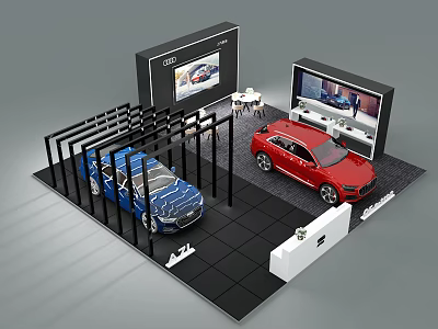 Car Exhibition Showcase With Blue And Red Vehicles Display Screens And Booth Platform 3d model