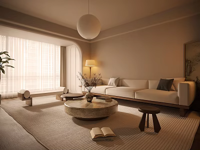 Modern Living Room Interior With White Sofa Round Coffee Table Pendant Light And Plants 3d model