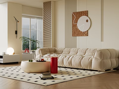 Modern Beige Sectional Sofa Living Room with Round Coffee Table Geometric Rug and Wall Art 3d model