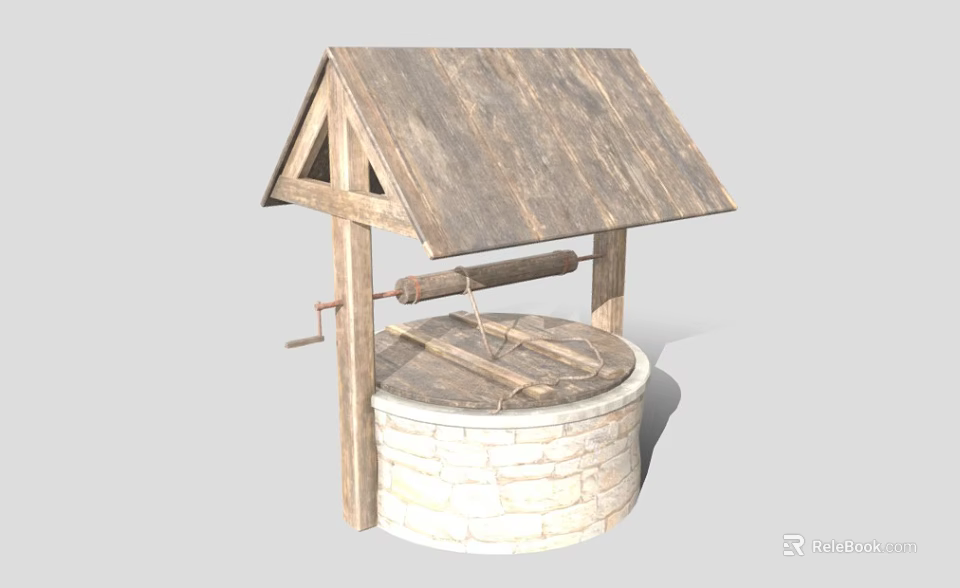 Traditional Well Structure With Wooden Roof Stone Base And Winch Handle 3d model 