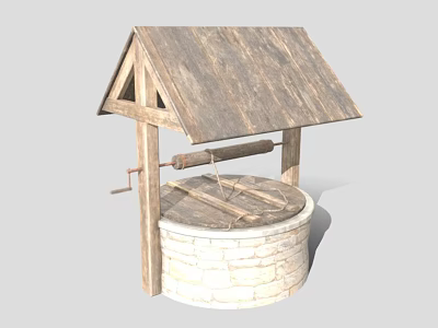 Traditional Well Structure With Wooden Roof Stone Base And Winch Handle 3d model