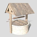 Traditional Well Structure With Wooden Roof Stone Base And Winch Handle