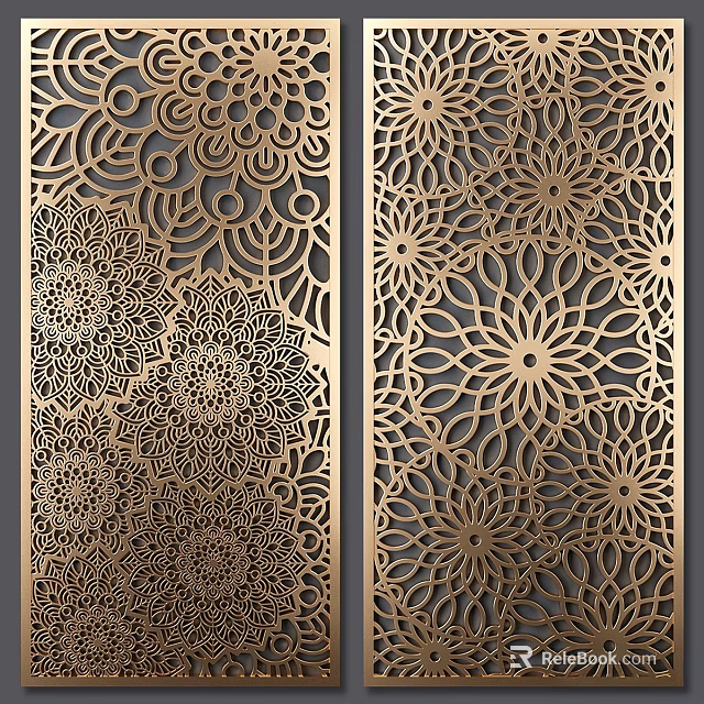 Golden Intricate Carved Wall Decor Panels with Floral Patterns and Circular Motifs 3d model 