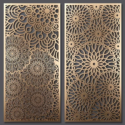 Golden Intricate Carved Wall Decor Panels with Floral Patterns and Circular Motifs 3d model