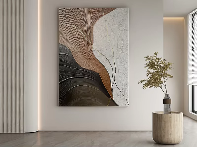 Abstract Painting With Wavy Lines Textured Surface In Minimalist Room Wooden Table Potted Plant 3d model