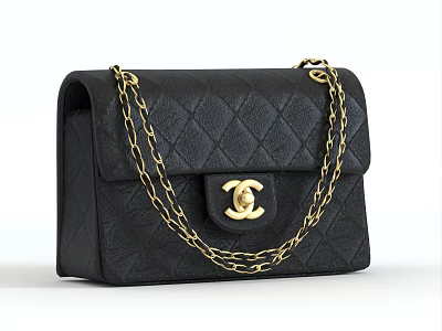 Black Quilted Leather Bag With Gold Chain Strap And Classic Logo Design 3d model