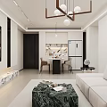 Bright Modern Minimalist Living Dining Room With Cozy Sofa Marble Details And Soft Ambient Lighting