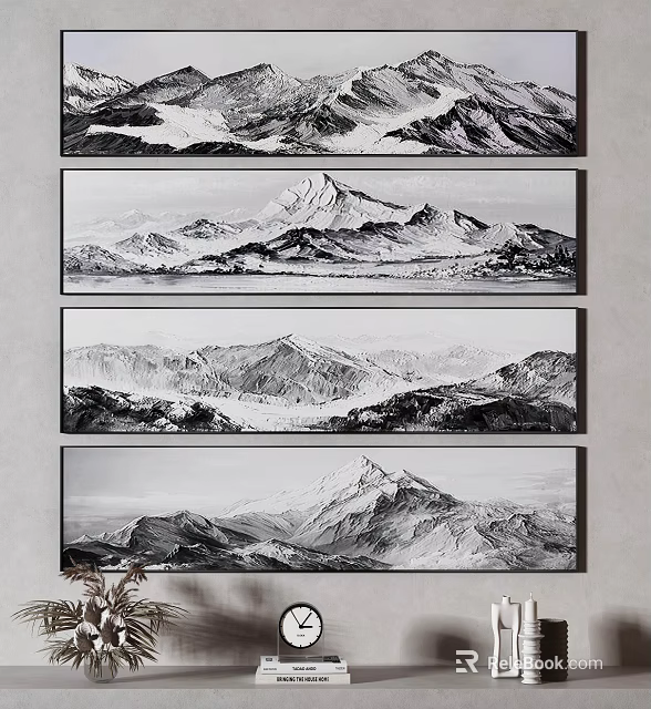 Black And White Mountain Landscape Paintings With Layered Peaks As Wall Art 3d model 