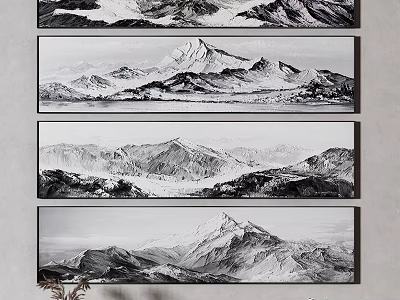 Black And White Mountain Landscape Paintings With Layered Peaks As Wall Art 3d model