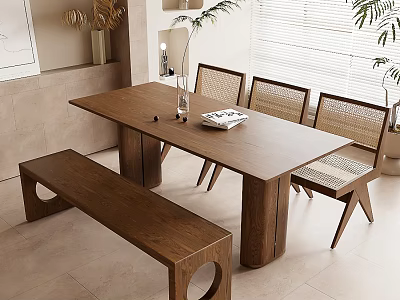 Natural Wooden Dining Table Set with Rattan Chairs Bench Vase and Book in Modern Room 3d model