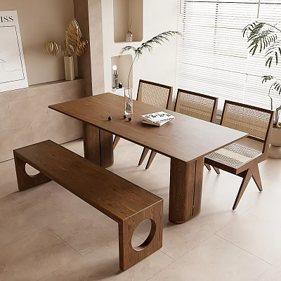 Natural Wooden Dining Table Set with Rattan Chairs Bench Vase and Book in Modern Room 3d model