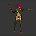 Red Haired Female Character Posing With Two Guns In Mechanical Sci Fi Outfit