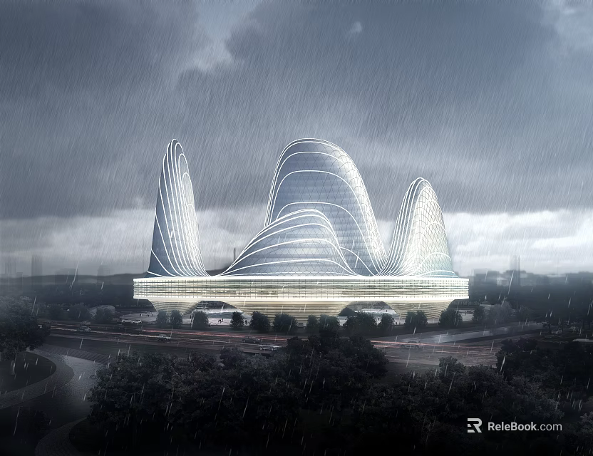 Modern Unique Curved Architectural Building Illuminated On Rainy Day With Trees And Road 3d model 