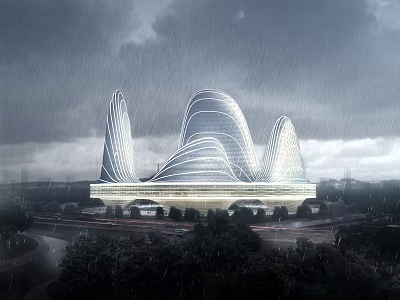 Modern Unique Curved Architectural Building Illuminated On Rainy Day With Trees And Road 3d model