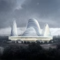 Modern Unique Curved Architectural Building Illuminated On Rainy Day With Trees And Road