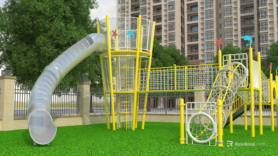 Playground Equipment With Slide And Net Structures On Green Lawn 3d model 