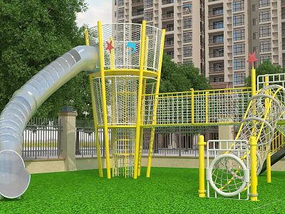 Playground Equipment With Slide And Net Structures On Green Lawn 3d model