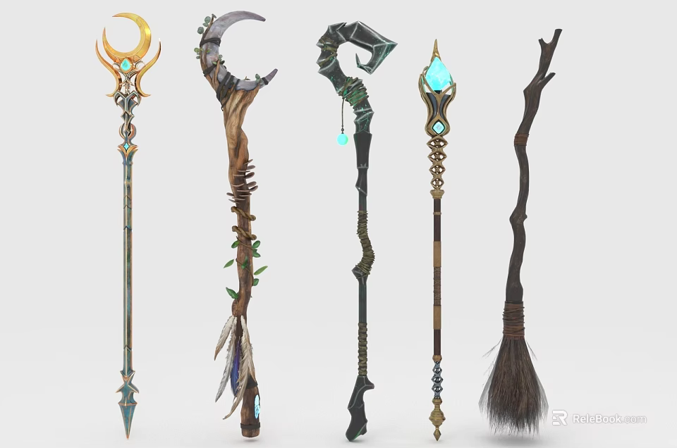 Decorative Ornament Collection With Magic Staff Inspired Designs Crystal Gems And Natural Branch Accents 3d model 