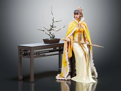 Yellow And White Traditional Attire Female Headpiece Holding Staff By Dark Table With Branched Plant 3d model