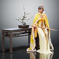Yellow And White Traditional Attire Female Headpiece Holding Staff By Dark Table With Branched Plant