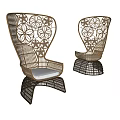 Stylish Rattan Outdoor Chairs With Decorative Backrest White Cushions And Black Legs