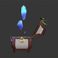 Open Wooden Treasure Chest With Flying Blue Gems And Metal Clasps