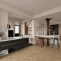 Modern Restaurant Kitchen Interior with Marble Counter Black Cabinets White Range Hood and Wine Bottles