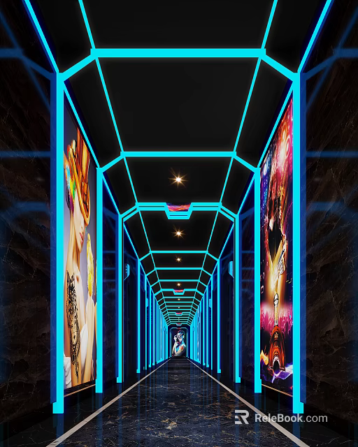 Modern Elevator Hallway With Blue Neon Lights Decorative Paintings And Star Ceiling 3d model