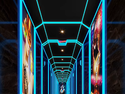 Modern Elevator Hallway With Blue Neon Lights Decorative Paintings And Star Ceiling 3d model