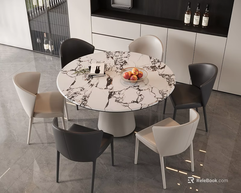 Modern Round Marble Dining Table Set With Black And Beige Chairs 3d model