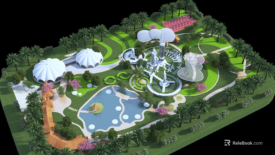 Park Landscape Design With Palms White Umbrella Structures Green Lawns Pool Fountain And Pink Flowers 3d model 