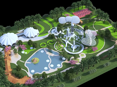 Park Landscape Design With Palms White Umbrella Structures Green Lawns Pool Fountain And Pink Flowers 3d model