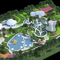 Park Landscape Design With Palms White Umbrella Structures Green Lawns Pool Fountain And Pink Flowers