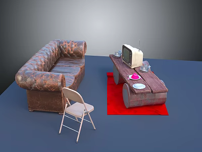 Brown Sectional Sofa Featuring Vintage TV On Side Table With Red Rug And Folding Chair 3d model