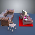 Brown Sectional Sofa Featuring Vintage TV On Side Table With Red Rug And Folding Chair
