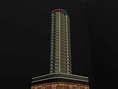 Tall Modern Hotel Building Exterior With Illuminated Facade And Night View 3d model