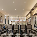 Modern Restaurant Interior With Large Menu Board Service Counter Shelves And Hanging Lights