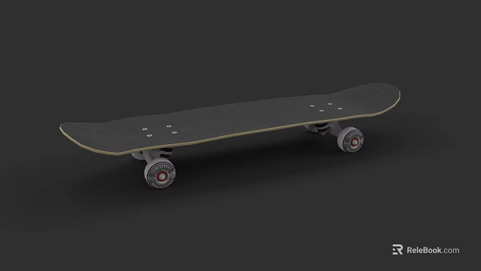 Black Deck Skateboard with Four Gray Wheels Red Logo Light Colored Edge on Black Background 3d model 