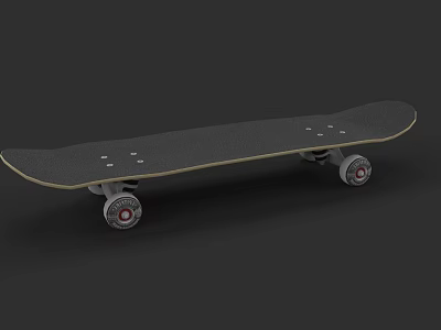 Black Deck Skateboard with Four Gray Wheels Red Logo Light Colored Edge on Black Background 3d model