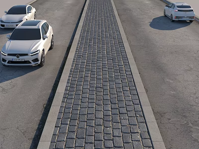 Urban Road Infrastructure With Brick Pavement Car Lanes And Parked White Cars 3d model