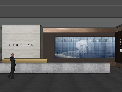 Modern Central Reception Desk With Large Digital Screen And Staff Standing Nearby 3d model