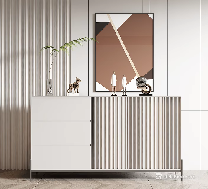 Modern Entryway Console Cabinet With Fluted Design And Decorative Ornaments 3d model